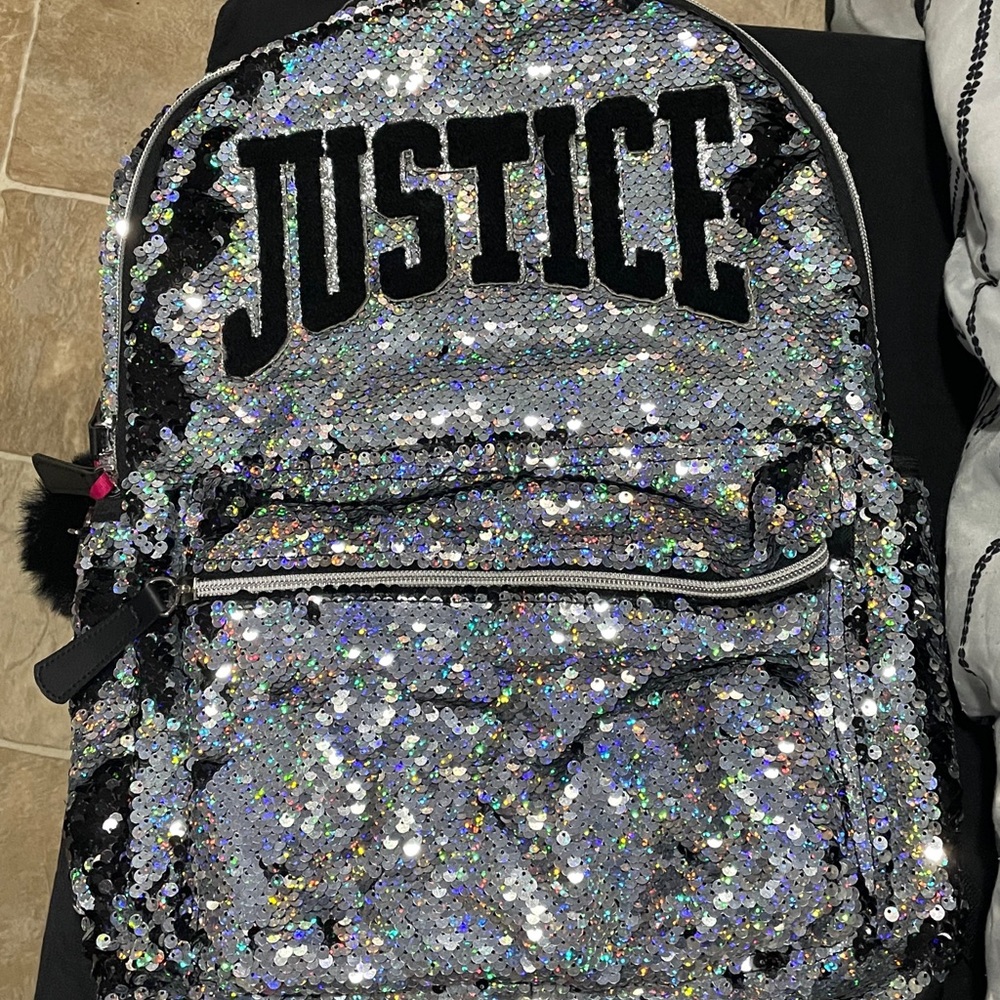 Justice Girls 17" Laptop Backpack with Pom Pom Dangle, Flip Sequin Backpack